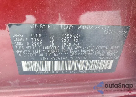 2017 Subaru Impreza z USA, uszkodzony, nr VIN 4S3GTAA6XH3708636